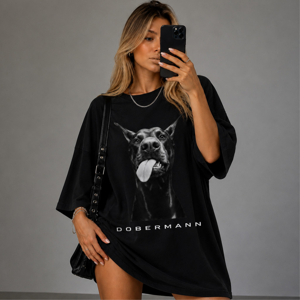 Camiseta Feminina Oversized Doberman Estampada Camisa Blusa Fitness Academia Treino Streetwear Premium