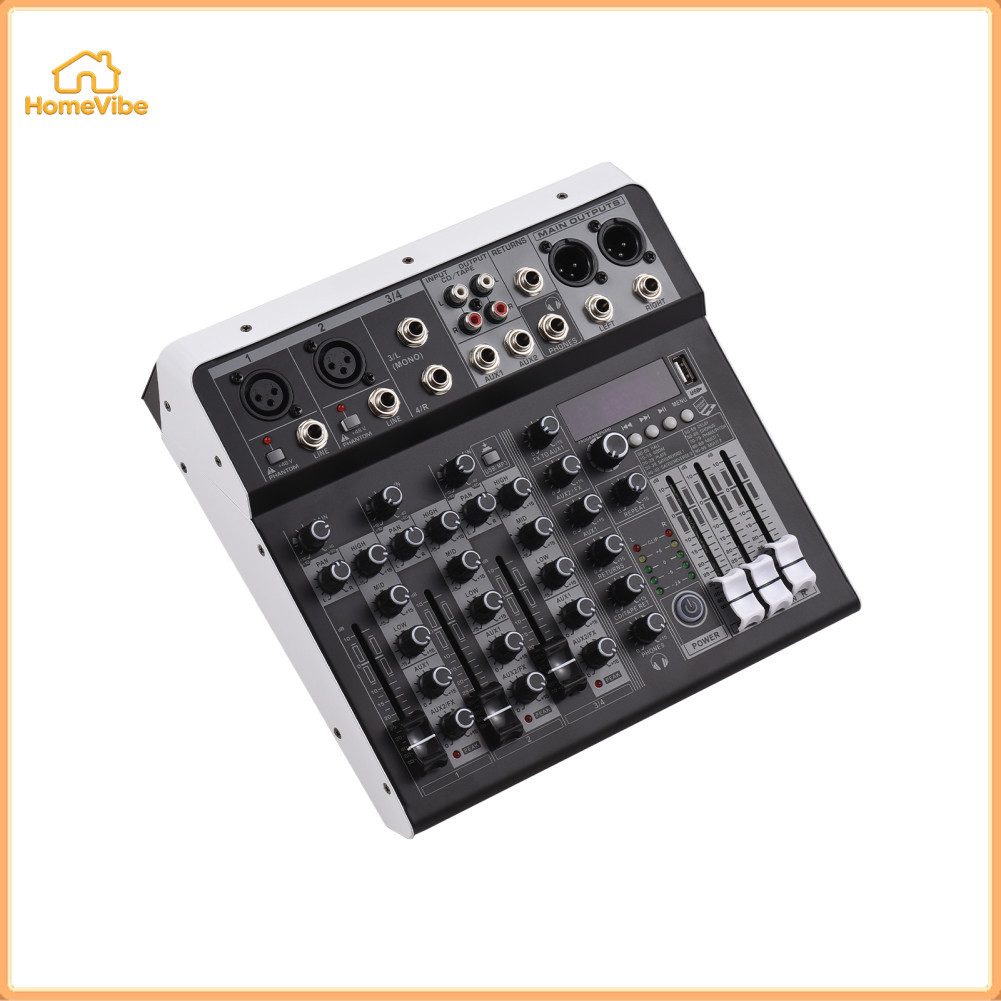 HomeVibe Mixer de áudio de 6 canais 48V Phantom Power USB Mixing Console com 16 efeitos de reverberação Bluetooth DJ
