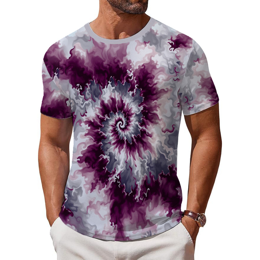 Camiseta masculina europeia americana Tie-Dye ciclone de manga curta verão estilo rua exclusivo estampado em torno do pe