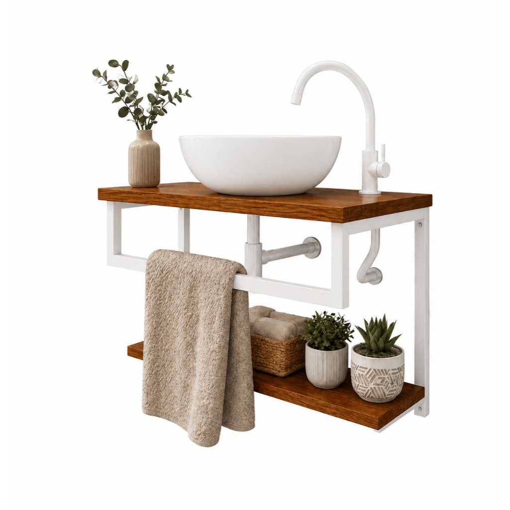 Gabinete Suspenso Para Banheiro Lavabo Com Cuba Inclusa e Toalheiro - Designer Industrial Moderno