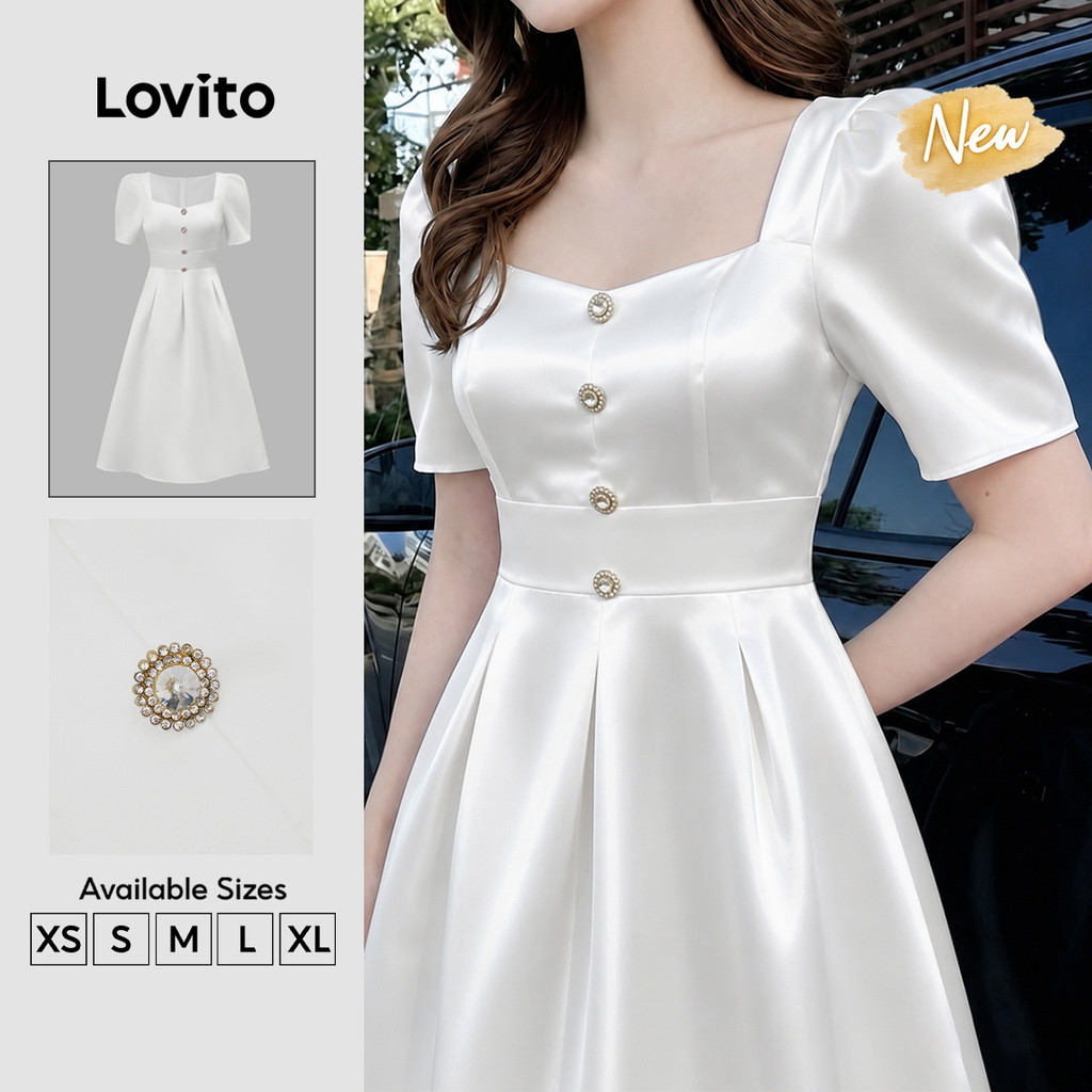 (New Arrival) Lovito Vestido Elegante com Botões Branco para primavera/verão DRK9P2D270