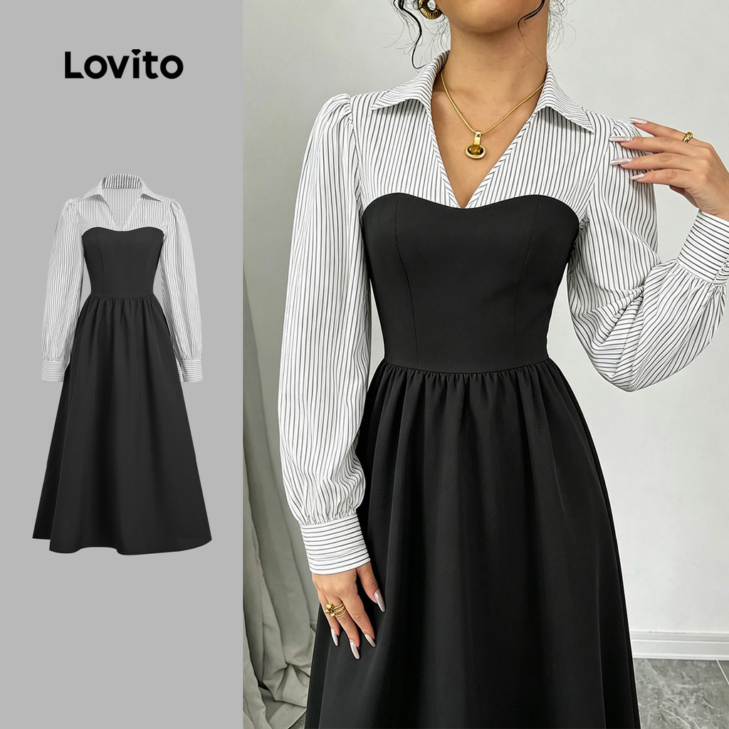 Lovito Elegante de Tecido com Costuras em Bloco de Cores Preto para O Outono/inverno LBL37008
