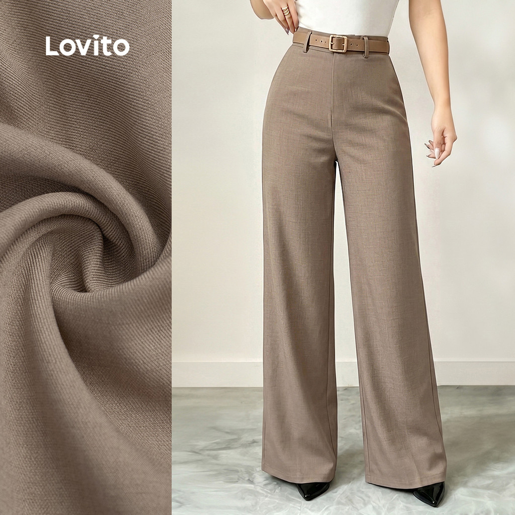Lovito Calças Elegantes Minimalistas de Primavera/verão em Cáqui para mulheres L199ED670