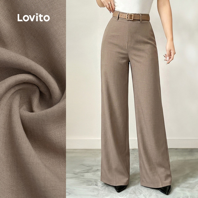 Lovito Calças Elegantes Minimalistas de Primavera/verão em Cáqui para mulheres L199ED670