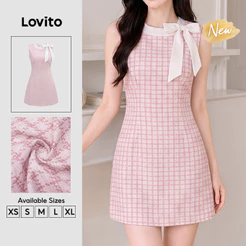 (New Arrival) Lovito Vestido Feminino Elegante Rosa Claro Xadrez Vichy Curto E evasê Com cordões primavera/verão DRB206TD136