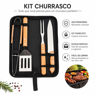 Kit Churrasco Aço Inox 2 3 4 Peças com Estojo Kit Churrasqueiro Portátil Presente