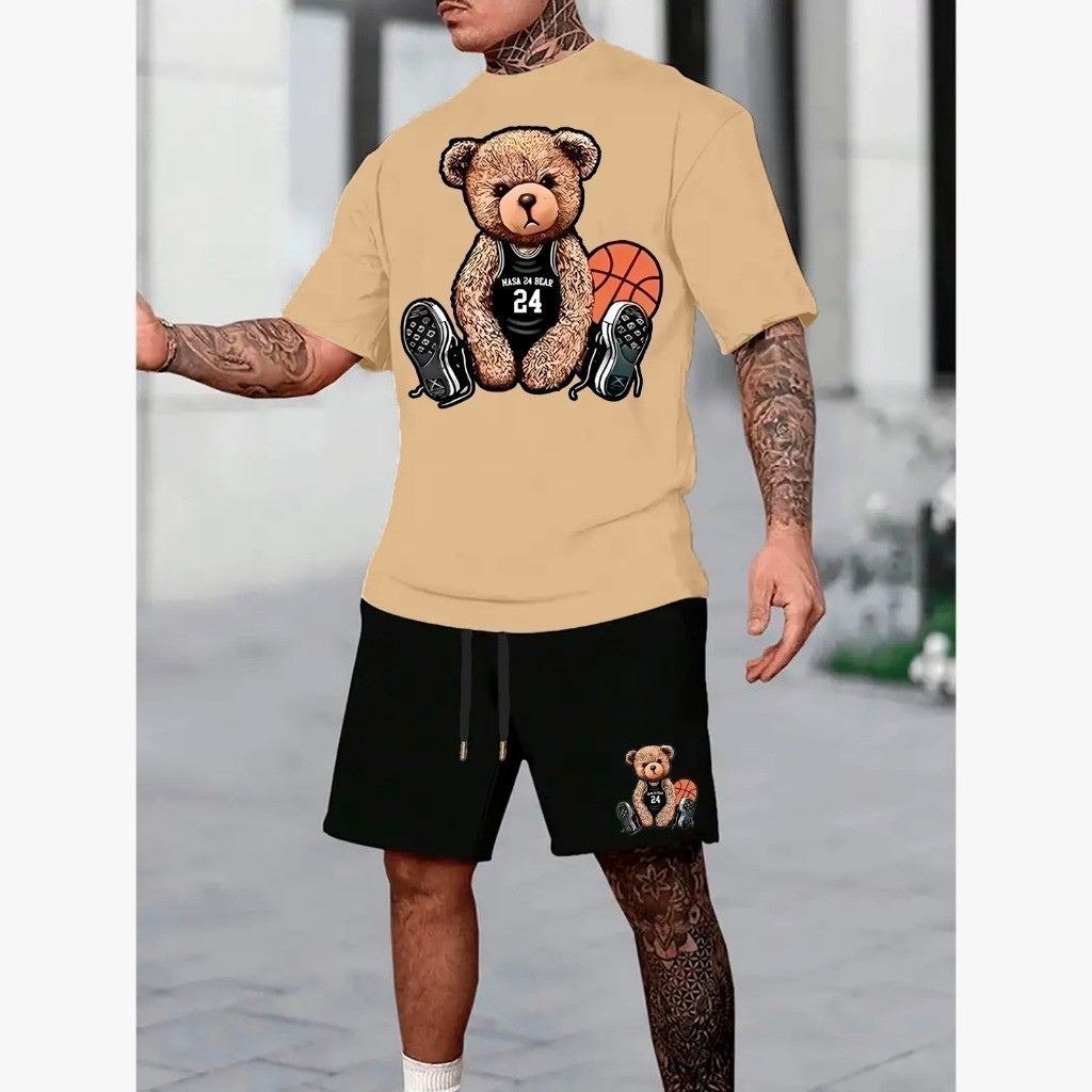 Conjunto Camiseta Básica Urso Basquete (FRENTE) Unissex StreetWear + Bermuda Mole Urso Basquete (BARRA) com Bolso — imagem 2 de 2