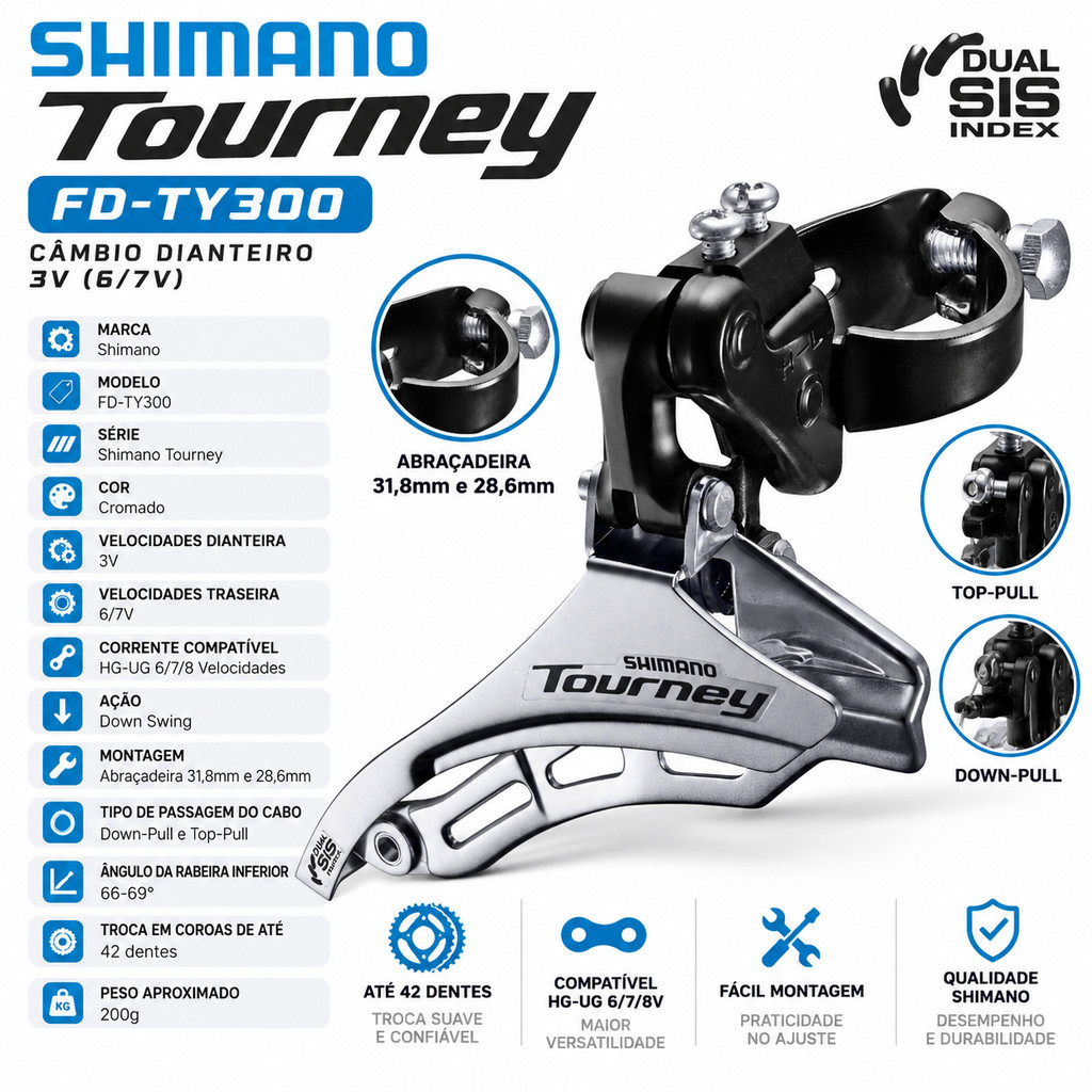 CAMBIO DIANTEIRO BICICLETA BIKE ORIGINAL SHIMANO TOURNEY TY300 PEDIVELA 3 CORoAS 31.8 PUXA POR CIMA 3V
