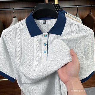 Camisa Polo Masculina de Manga Curta de Marca Designer, Design Jacquard, Toque Semelhante ao Linho, Nova Coleção de Verã
