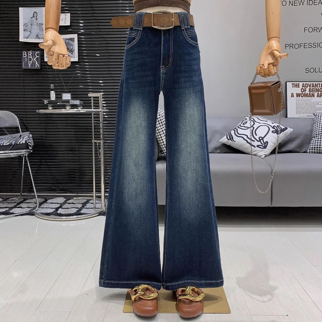 Retro cintura dupla Machete Jeans feminino início do outono novo estilo de cintura alta solta calças de perna larga chão