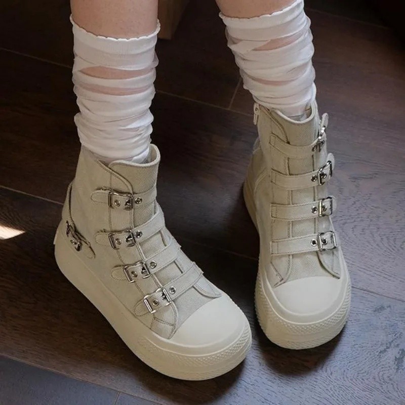 Sapatos de lona com plataforma para mulher, casuais, para uso ao ar livre, ténis versáteis, com fivela, botas de cano al