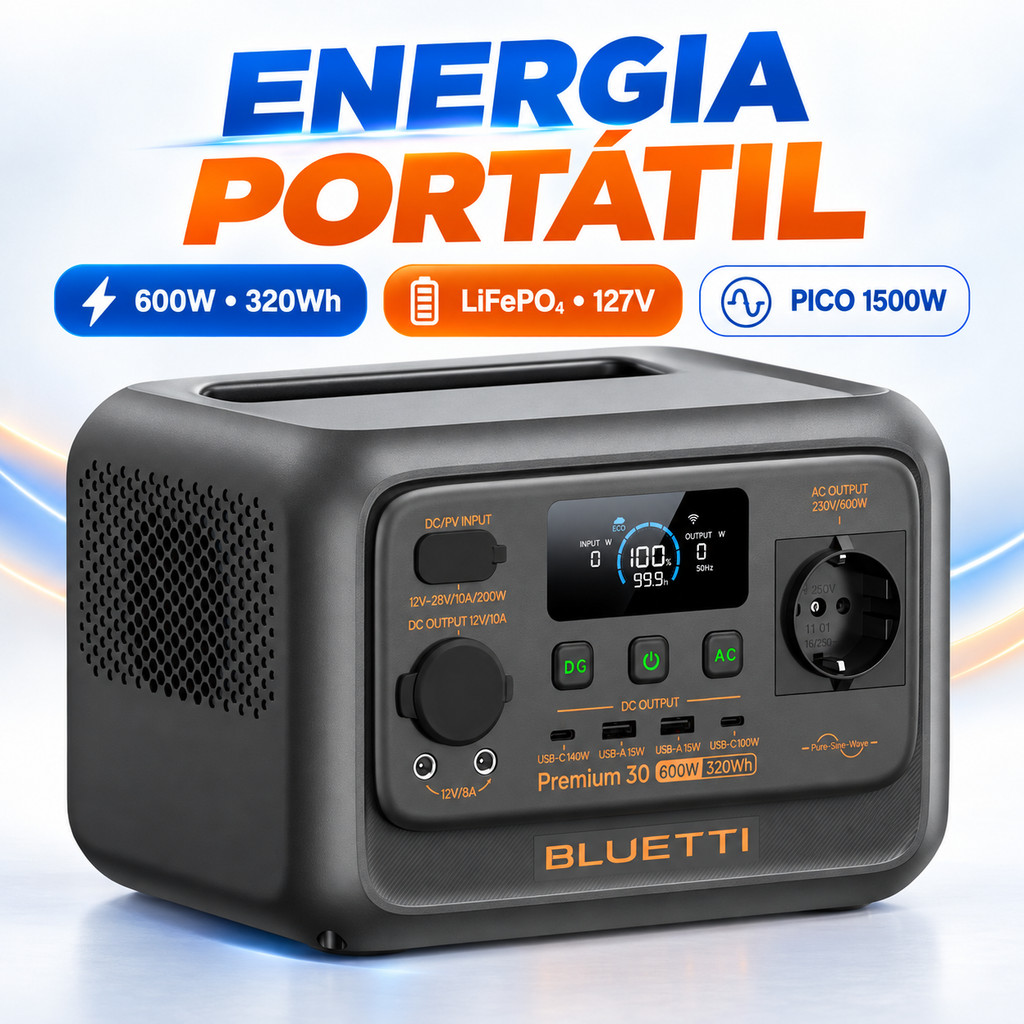 Estação de Energia Portátil BLUETTI Premium 30 V2 600W 320Wh LiFePO4 UPS 10ms Carregamento Rápido 127V