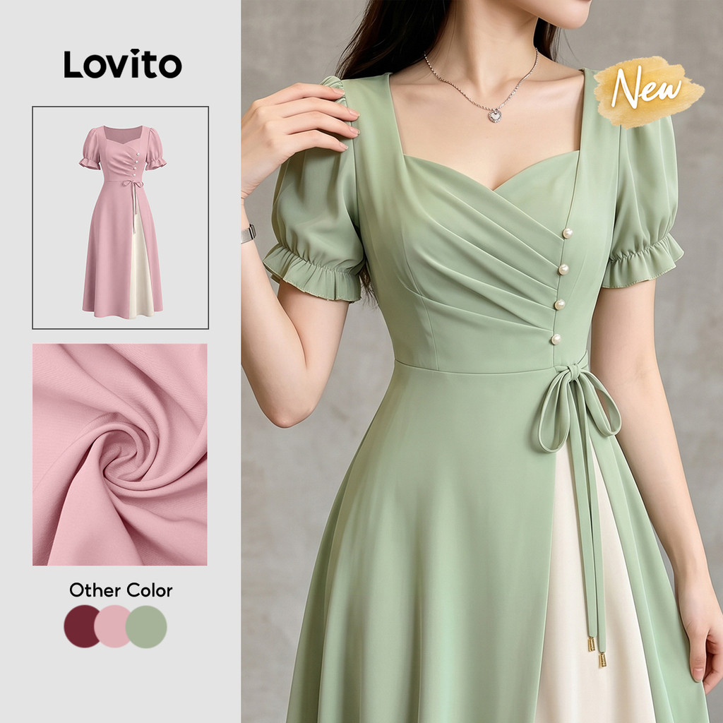 (New Arrival) Lovito Vestido Elegante Retrô Com Botões Frontais Assimétrico E Com Amarração Nas Costas Verde Primavera/verão Para Mulheres DRK9P1D1220