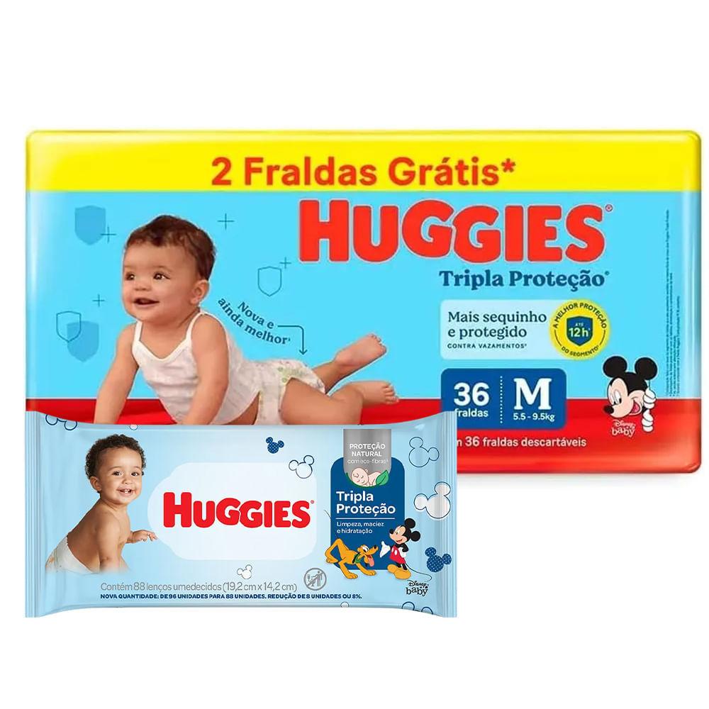 Kit Fralda Huggies Tripla Proteção Meguinha M 36 + Lenço Umedecido