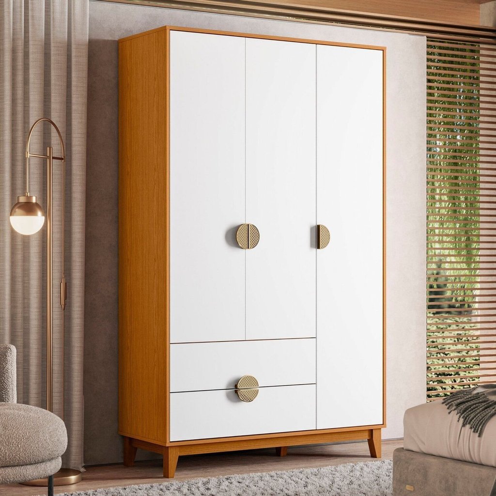 Guarda-Roupa 3 Portas e 2 Gavetas Branco/Ipê Cinamomo Ipê Cinamomo/Branco