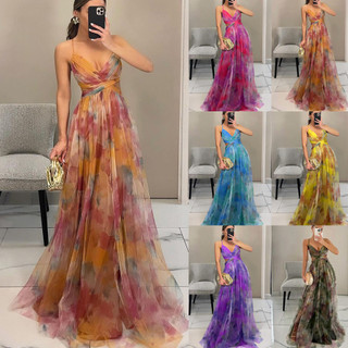 Primavera verão novo estilo gaze impresso estilingue vestido férias lazer festa vestido longo