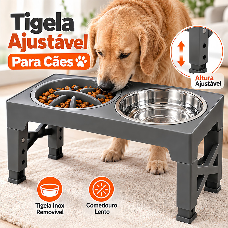 Comedouro Elevado Ajustável para Cães e Gatos 5 Alturas Dobrável com 2 Tigelas Inox e Comedouro Lento Anti Engasgo