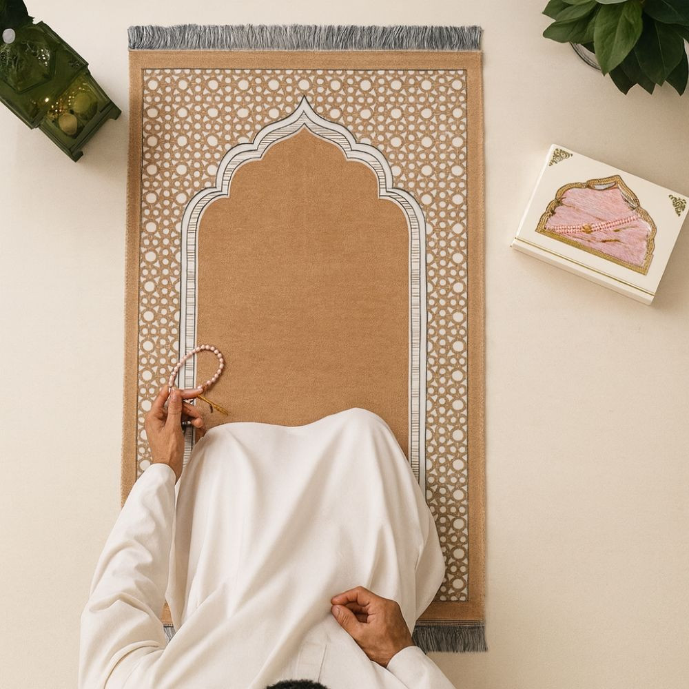 Imagem Conjunto De Tapete De Oração , Muçulmano Antiderrapante De 70x110cm , Estilo Étnico Dobrável Com Contas Cobertor De Ador