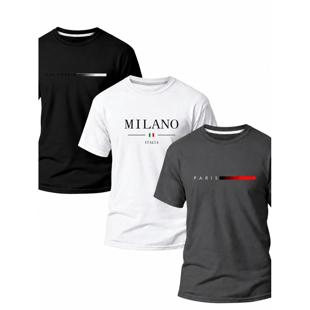 Conjunto 3 Kit Camiseta Masculina 100% Algodão Stretweer Estampado CALIFORNIA PARIS MILANO ITALY Camiseta em Promoção