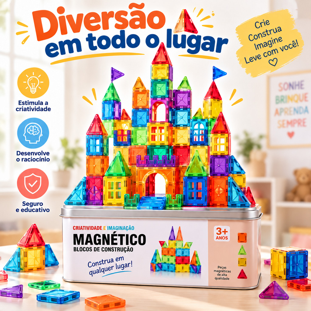 Blocos Magnético Construção c/ Imã Estojo Metal Educativo Bloquinho de Montar q Grudam 26 pçs/34 pçs
