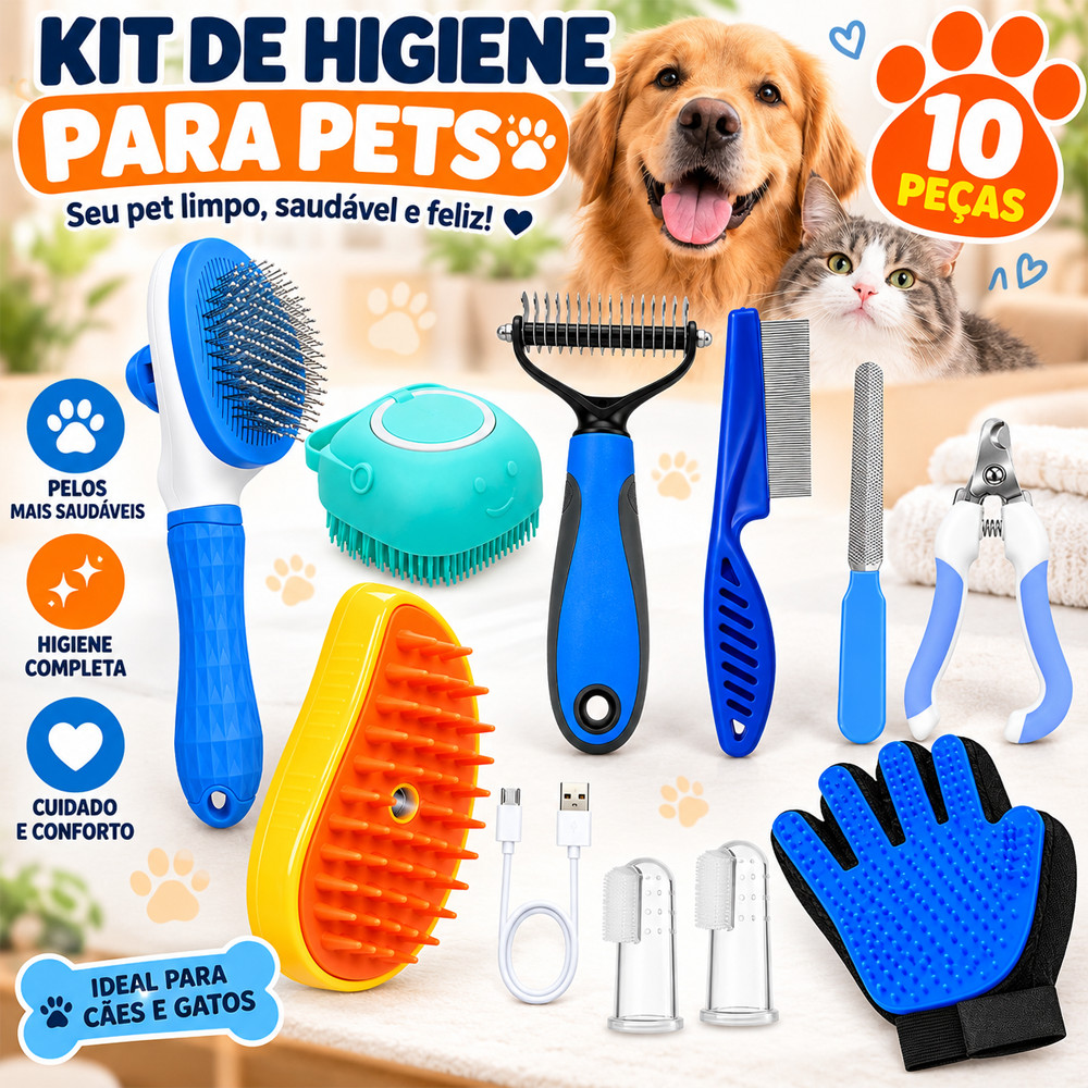 Kit Cuidados para Cães e Gatos 10 Peças Escova Removedora de Pelos Pente Antipulgas e Unhas