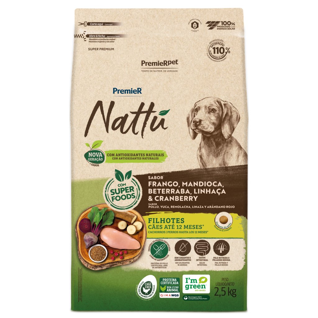 Ração PremieR Nattu para Cães Filhotes de Raças Médias e Grandes Mandioca 2,5kg