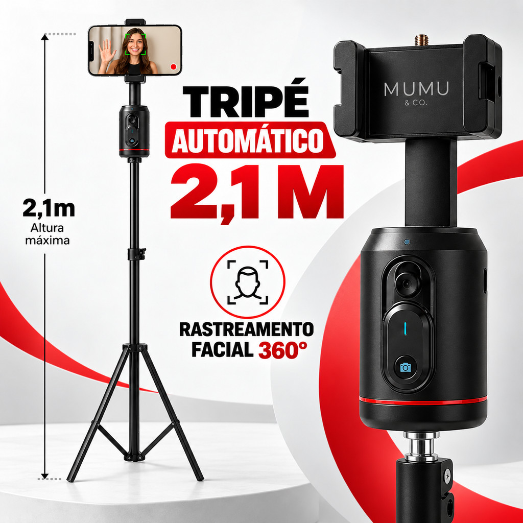 Tripé Automático 2,1m para Celular Rastreamento Facial 360° Suporte para Selfie Vídeo TikTok Reels
