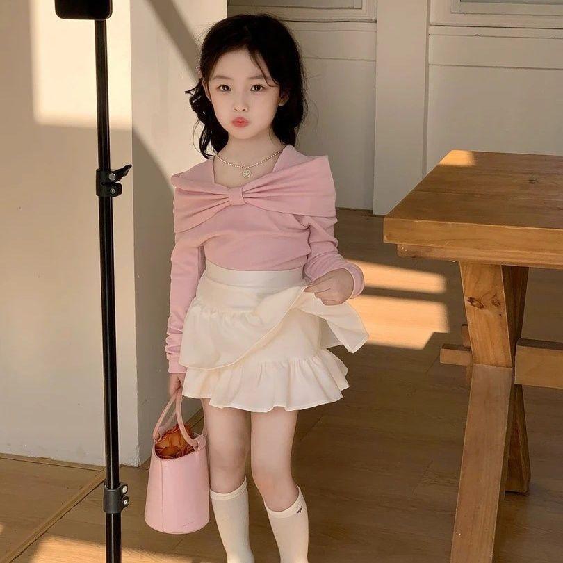 [Novidades] Meninas primavera outono ternos estilo ocidental crianças mulheres estilo ocidental Bowknot camisa de fundo 