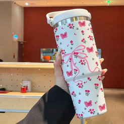 Garrafa Térmica de Aço Inoxidável com Estampa do Estampa de Laços 900ml, com Alça e Canudo