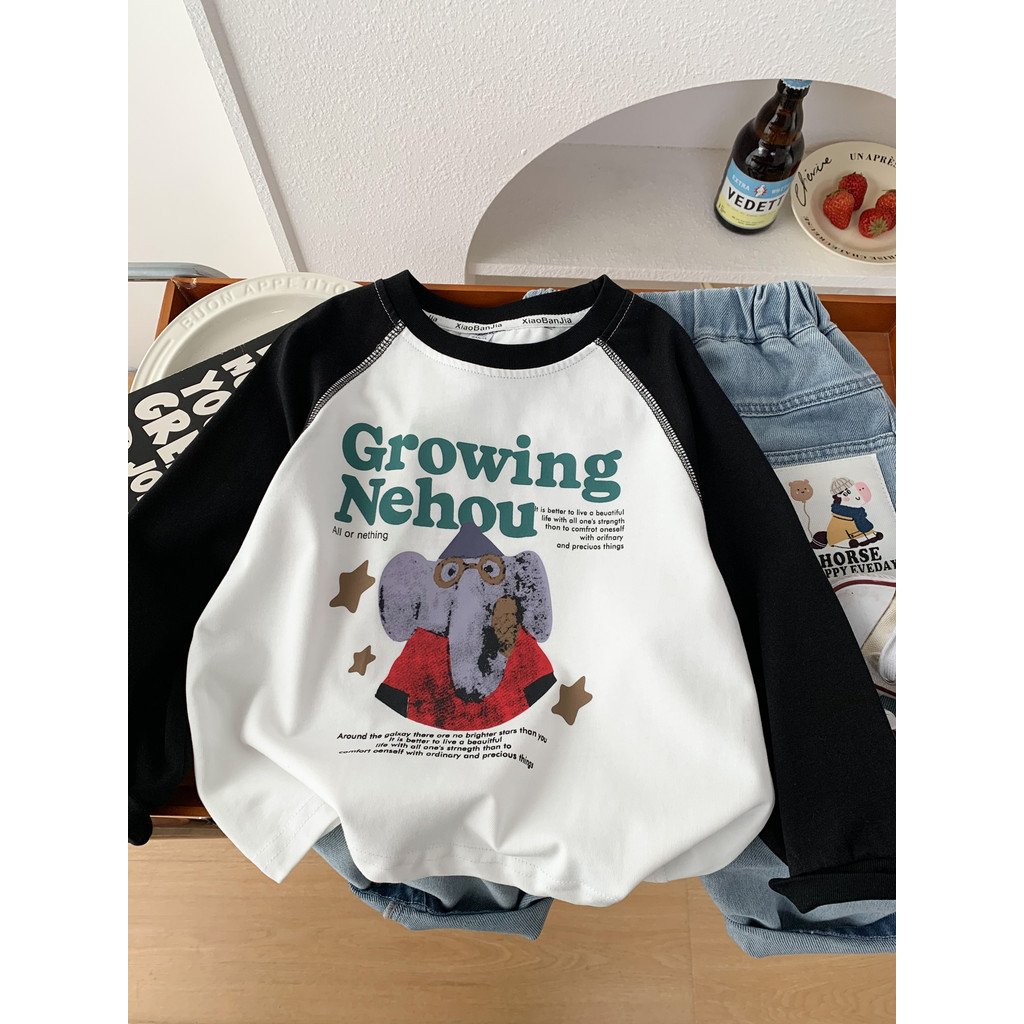 Meninos puro algodão manga comprida camiseta primavera outono estilo ocidental camisa de fundo pequeno médio crianças es