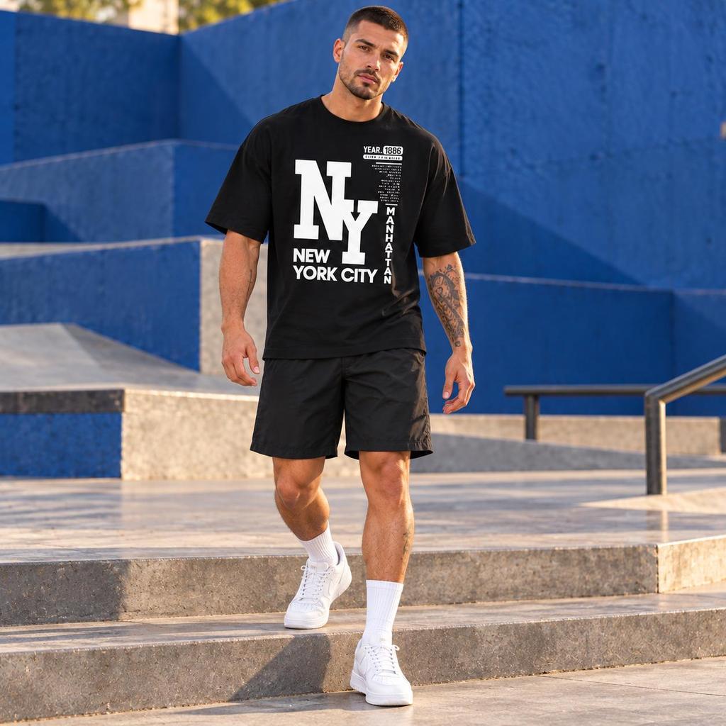 Conjunto New York Preto Masculino Short e Camiseta Elastano Confortável