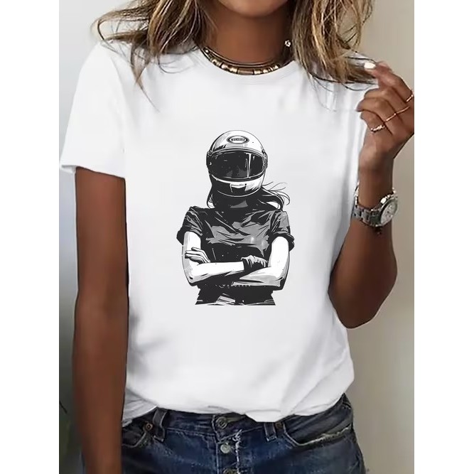 Camiseta Feminina Manga Curta Estampada Motociclista Confortável Linda Moderna Estilosa Moda Casual Tendência para Uso