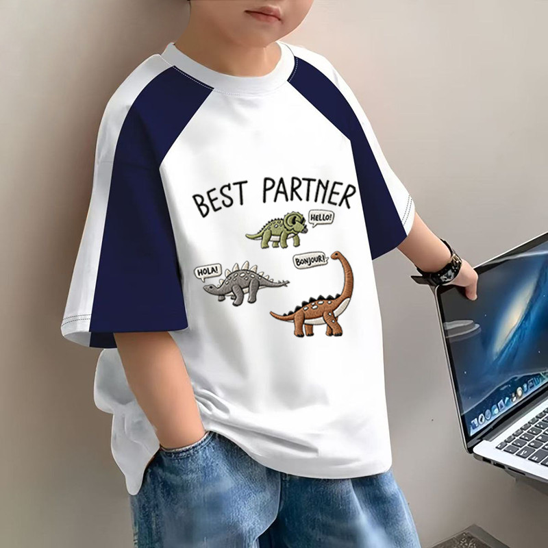 100% algodão meninos cor-bloqueando em torno do pescoço de manga curta camiseta 2026 verão médio grande crianças bebê mo