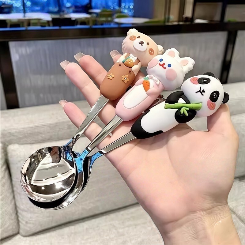 Colher infantil de aço inoxidável, com design de panda e coelho, adorável e divertida, ideal para alimentação complement