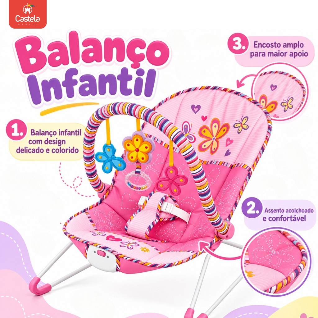 Cadeira Musical de Balanço e Descanso Vibratória Musical com Brinquedos Interativos Rosa Castela — imagem 2 de 2