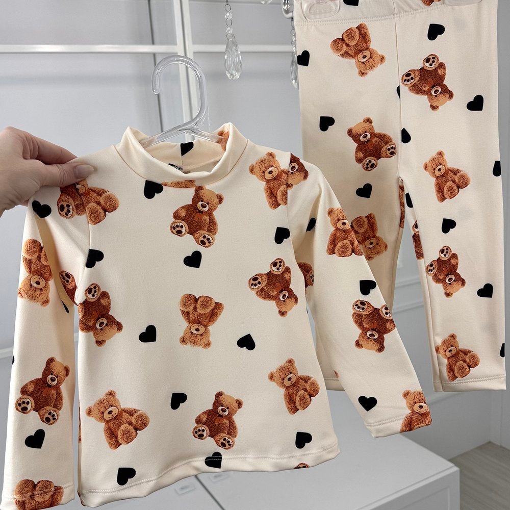 Conjunto Térmico Blusa Legging Inverno Menina Infantil Manga Longa Quente Confortável Ursos Corações