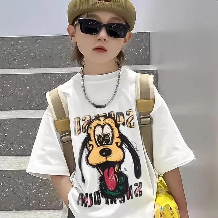 Desenhos animados impressos meninos na moda impresso manga curta camiseta médio grande crianças 2026 versão coreana na m