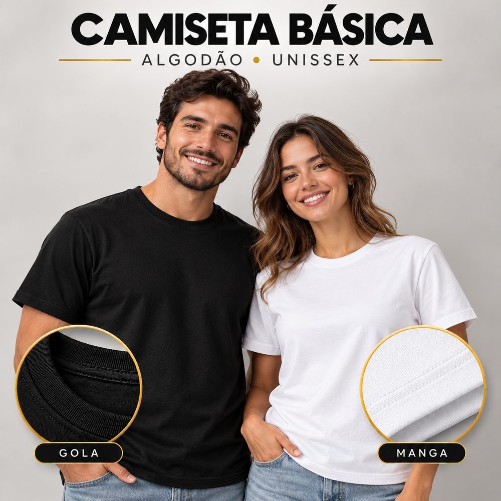 Camiseta Básica Unissex Algodão Lisa Preta ou Branca Manga Curta Gola Redonda Masculina Feminina Algodão Basica