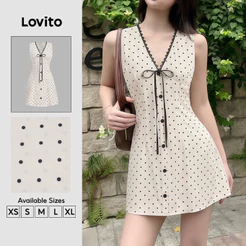 Lovito Vestido Casual com Laço Frontal de Renda Estampa Preto e Branco Primavera/verão para mulheres DRB201P1D530