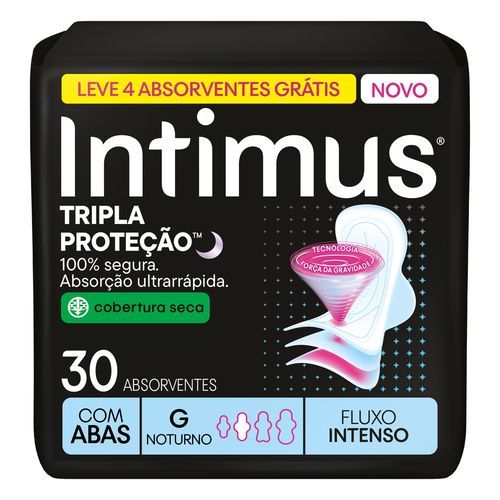 Absorvente Intimus Tripla Proteção Noite Seca Com Abas, Fluxo intenso, 30 un