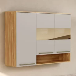 Armário Aéreo de Cozinha 120cm com 3 Portas Vidro Reflecta e Nicho 100% MDF Itália Espresso Móveis Bege/Amêndoa/Off