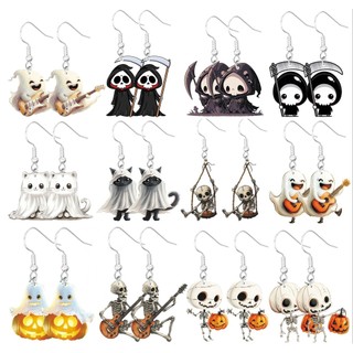 Halloween bonito fantasma múmia abóbora gato crânio e morte estilo desenho animado brincos de acrílico