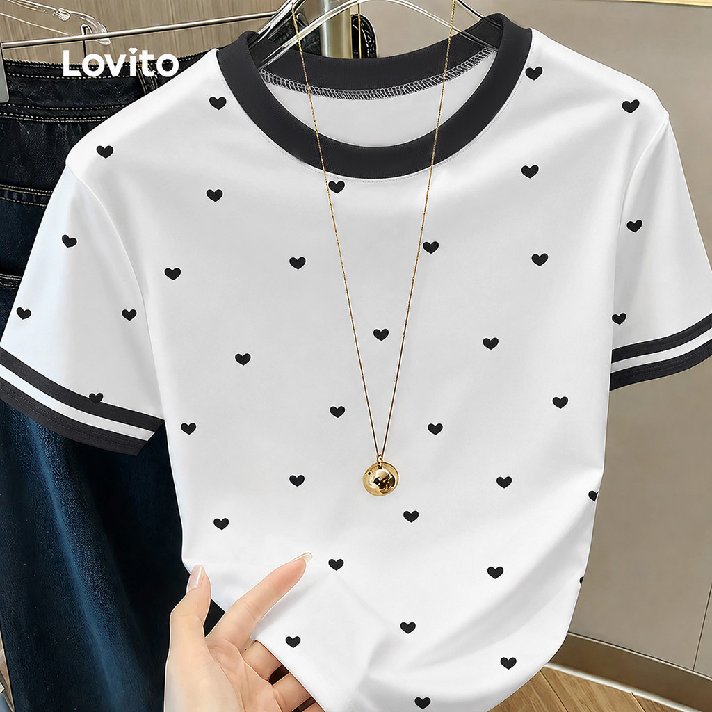 (New Arrival) Lovito Camiseta Branca Feminina Casual De Manga Curta Gola Redonda Padrão Colorblock Em Formato De Coração Primavera/Verão Fim De Semana TSB202P2D559