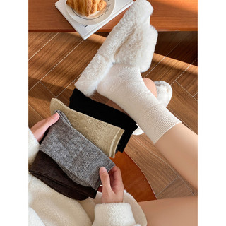 Cor sólida listrado inverno meias de lã feminino outono inverno engrossado quente meados de tubo meias forro de lã com b