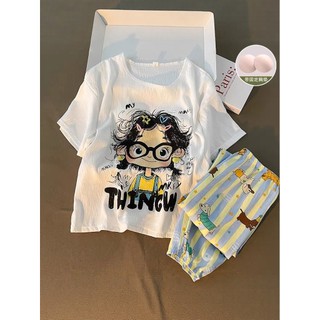 Pijamas de seda de algodão estilo feminino com almofada no peito 2025 Super quente verão novo estilo bonito dos desenhos