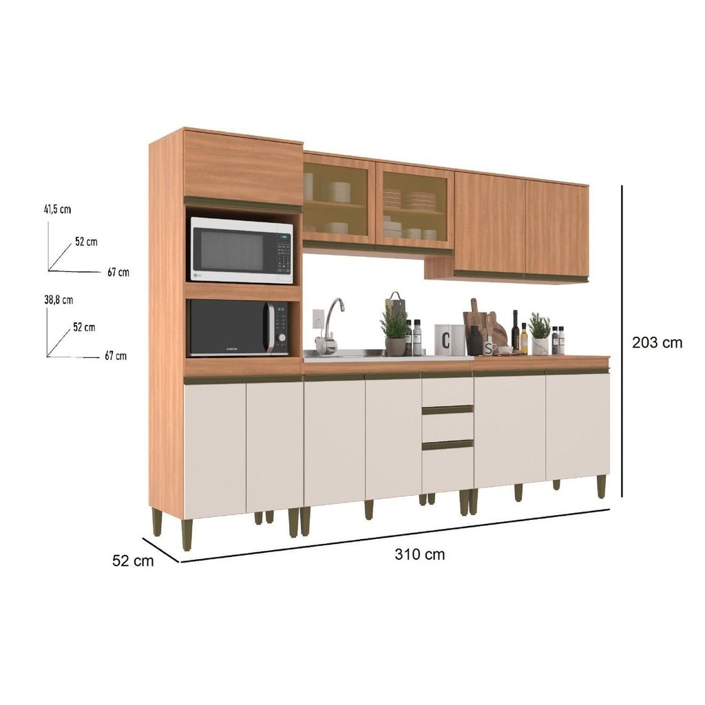 Cozinha Completa Modulada 5 Peças 11 Portas com Torre Quente e Vidro Reflecta Cecília Marrom/Freijó/Off White Off · foto 2