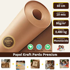 Papel Kraft 80g Com 60cm De Largura x 10 Metros De Comprimento Para Embalagem Monolúcido Premium