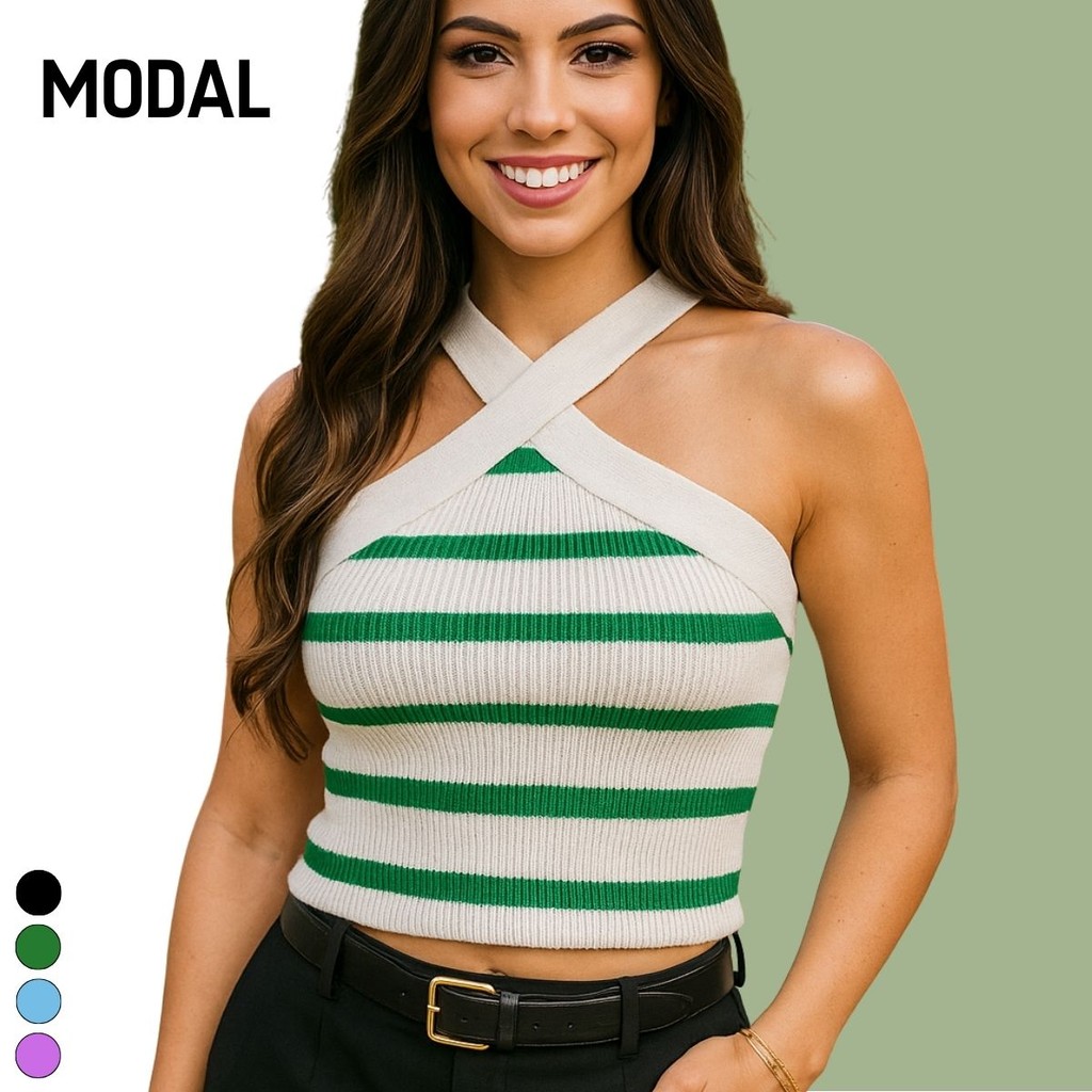Top Cropped Feminino Tricot Modal Transpassado Listras Fashion Básico