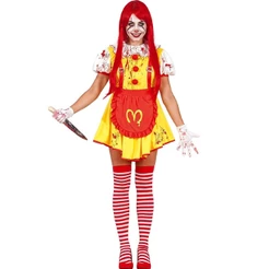 Fantasia Halloween Feminina Palhaca Assassina Vestido Garçonete Hamburguer e Avental com Sangue