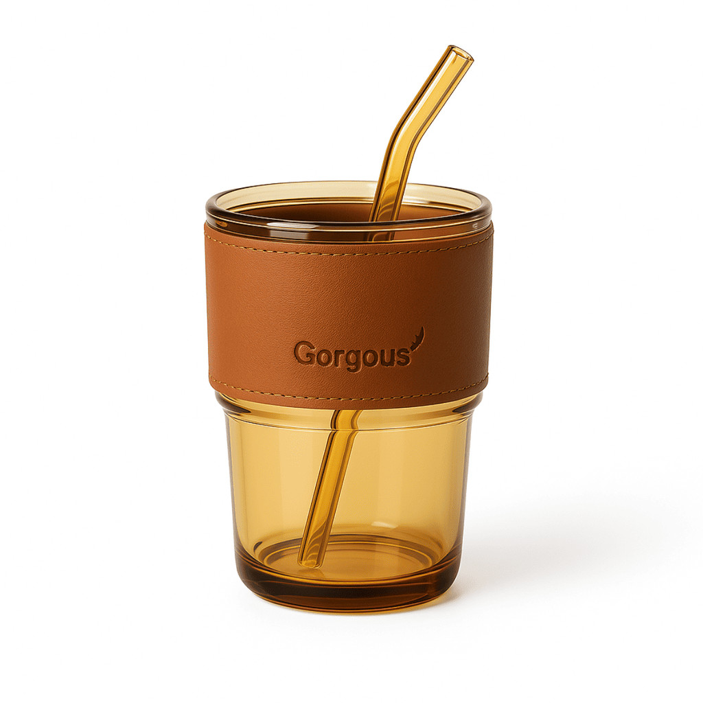 Copo de Vidro com Canudo Marrom Com Canudo 450ml Coldre Couro Decoração Café Chá Capuccino Caneca